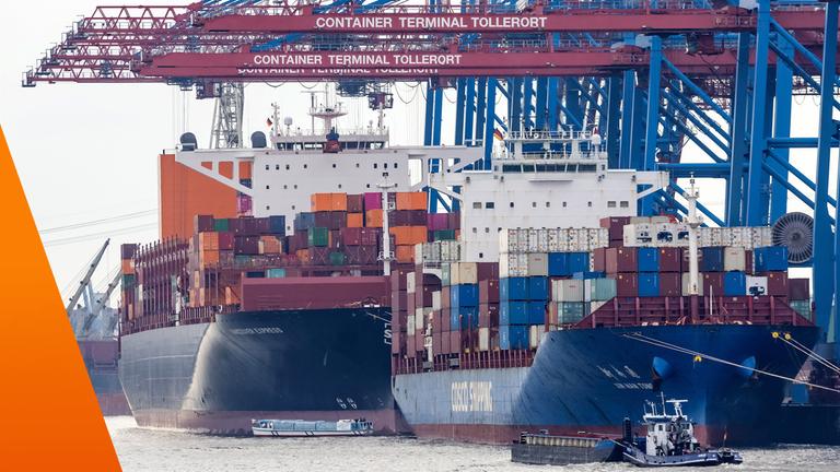 Zwei Container-Schiffe im Hamburger Hafen werden entladen