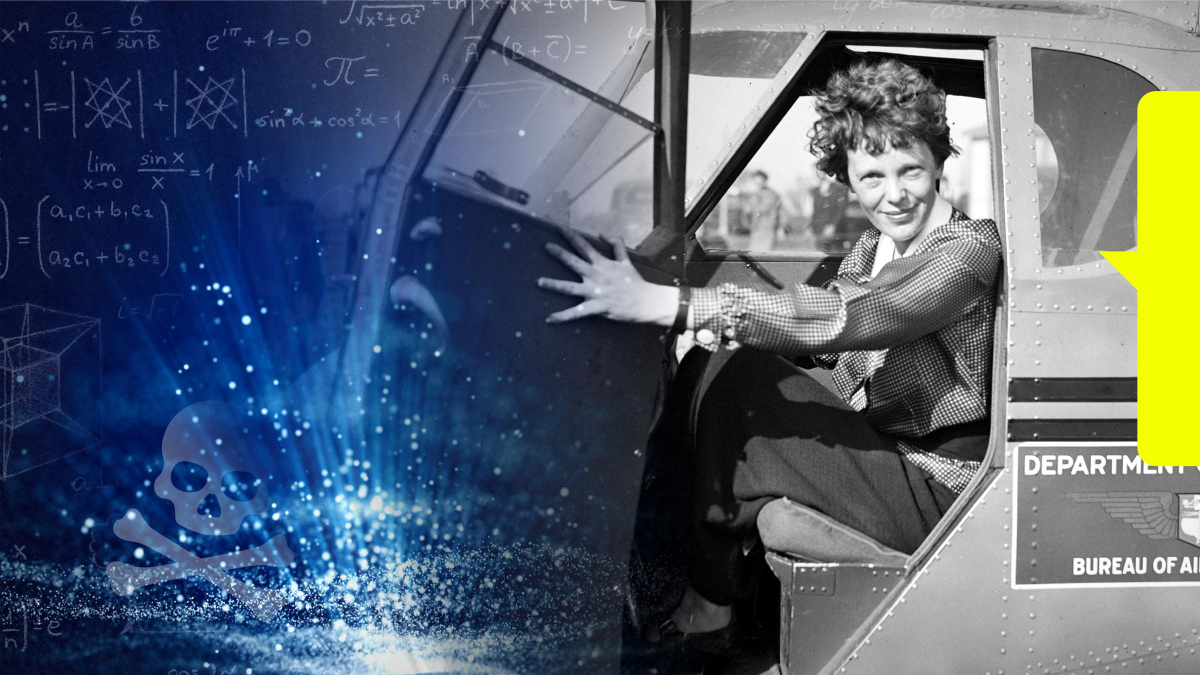 Montage: Eine Schwarz-Weiß-Aufnahme von einem älteren Flugzeug, in dem eine junge Frau mit kurzen Haaren sitzt. Sie öffnet die Flugzeugtür und blickt heraus. Daneben ist ein Totenkopf vor einem blauen Hintergrund mit leicht erkennbaren mathematischen Formeln.
