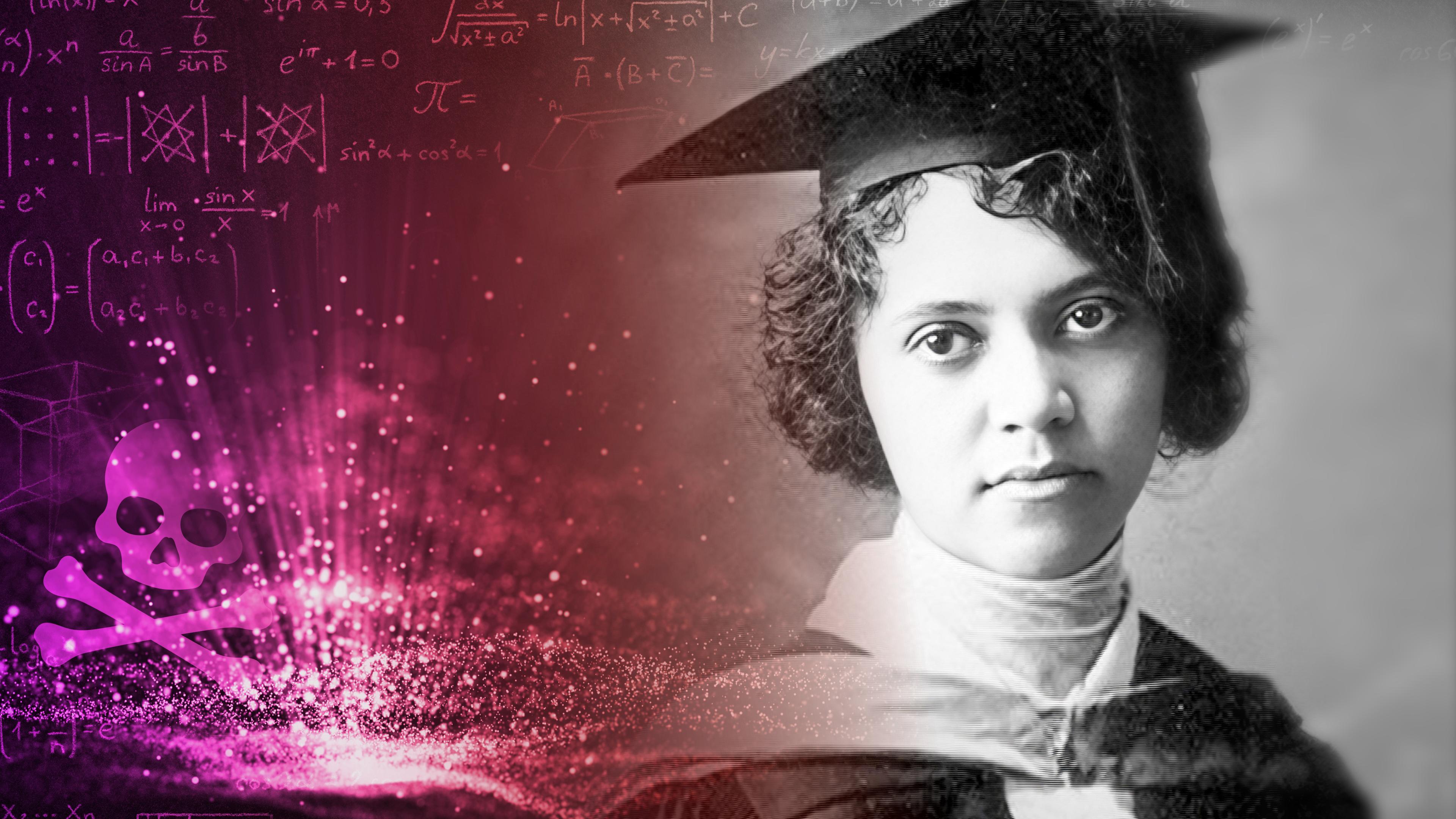 Schwarz-weiß-Foto von Alice Ball in Talar und Doktorhut. Im linken Bildbereich ein Giftsymbol (Totenkopf) und mathematische Formeln.
