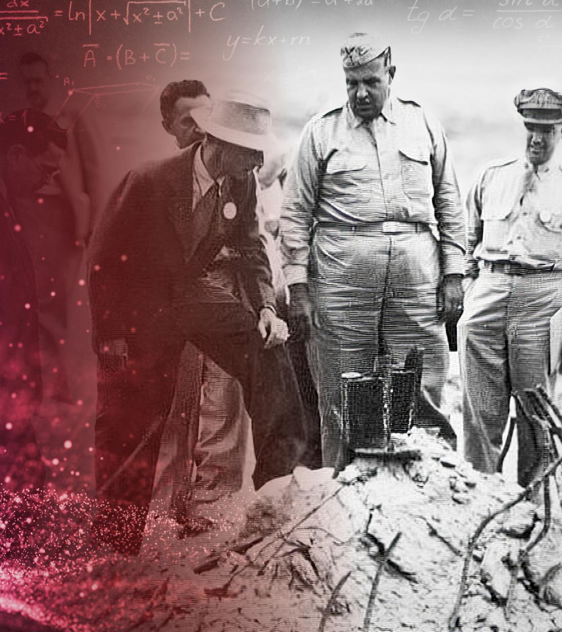 Schwarz-Weiß-Foto von mehreren Männern, die in einem Halbkreis um einen Trümmerhaufen stehen. Im linken Bildbereich ein Giftsymbol (Totenkopf) und mathematische Formeln.