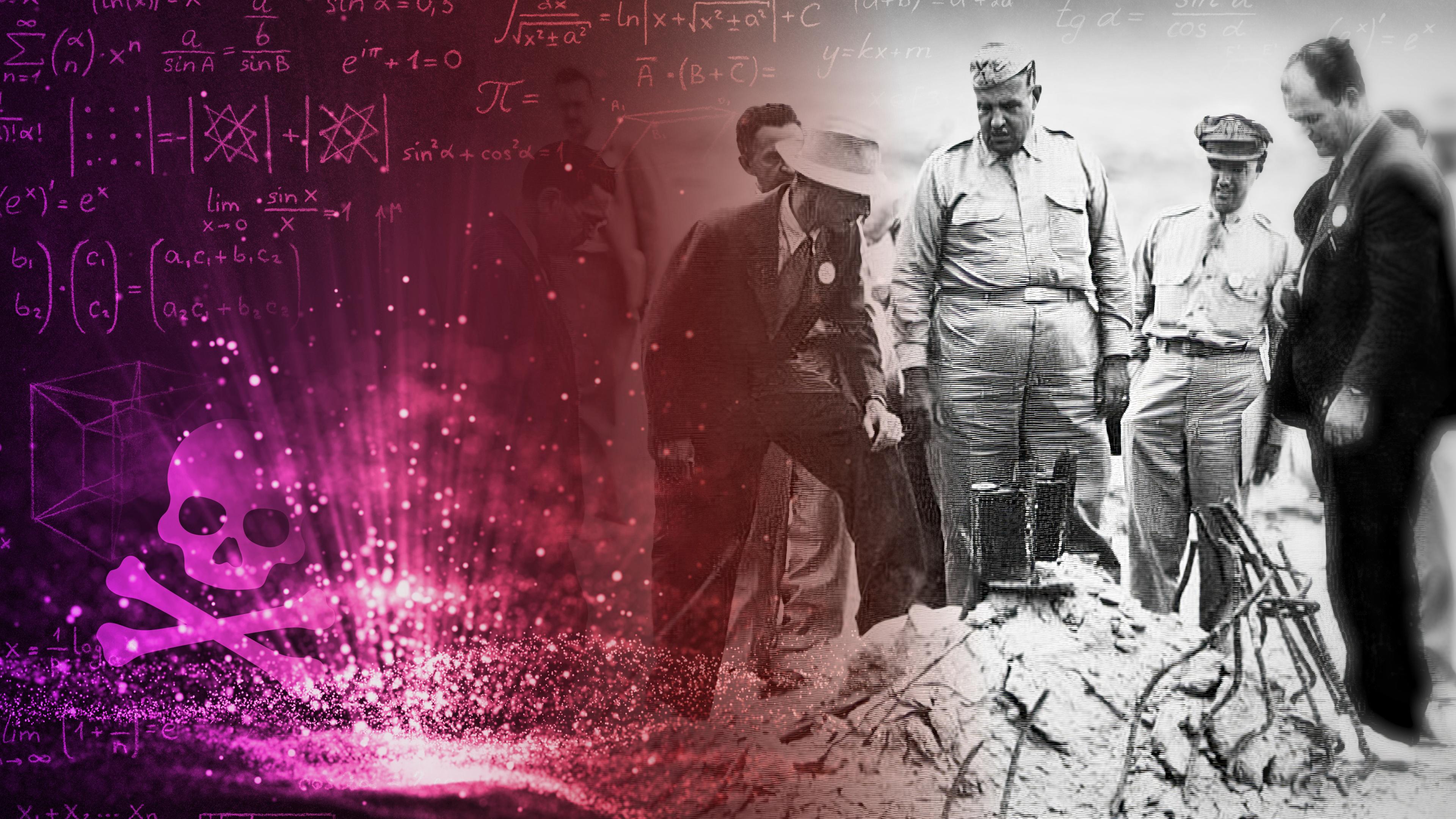 Schwarz-Weiß-Foto von mehreren Männern, die in einem Halbkreis um einen Trümmerhaufen stehen. Im linken Bildbereich ein Giftsymbol (Totenkopf) und mathematische Formeln.