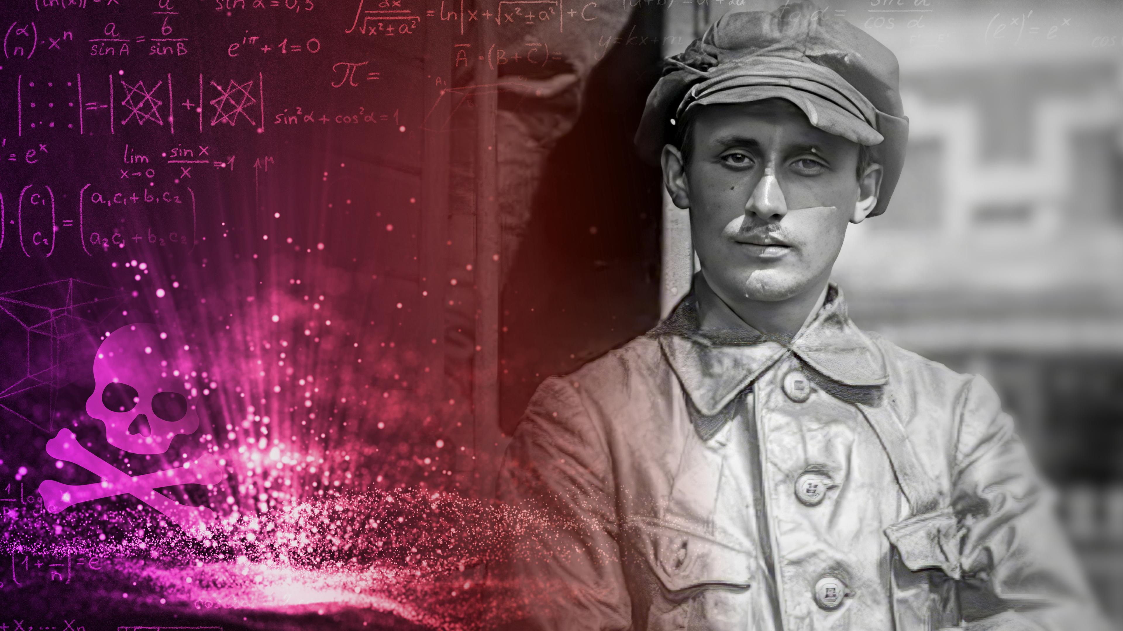 Walerian Abakowski in Uniform und Eisenbahnerkappe lehnt an einem Waggon und blickt in die Kamera. Im linken Bildbereich ein Giftsymbol (Totenkopf) und mathematische Formeln.