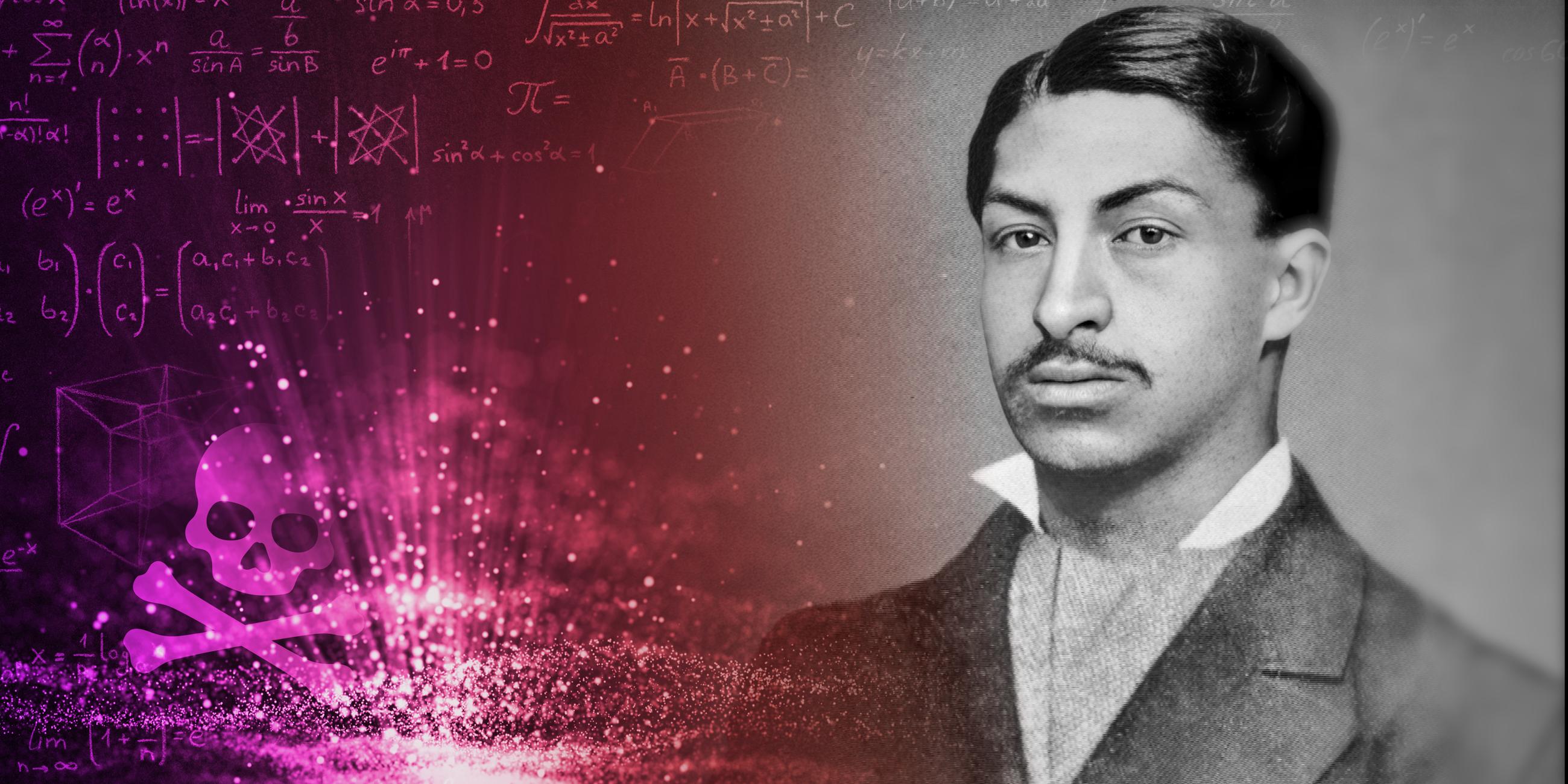 Auf der einen Seite ist ein Totenkopf als Giftsymbol unter mathematischen Formeln auf dunklem Hintergrund abgebildet. Auf der anderen Seite liegt das Schwarz-Weiß-Foto von Daniel Alcides Carrión, einem jungen Mann mit eleganter Frisur und Jackett sowie feinem Oberlippenbart.