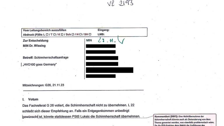 Ablehnung aus den Fachreferaten: Die Ministervorlage zur Schirmherrschaft.