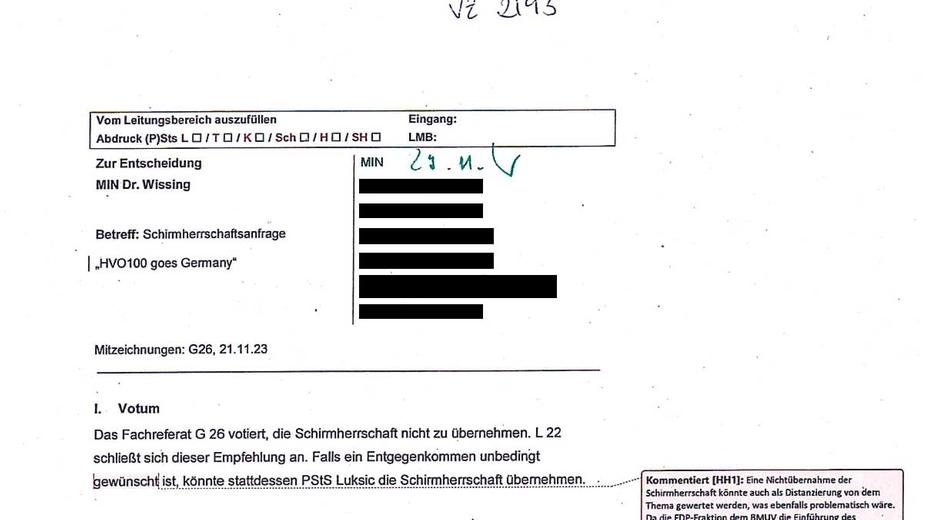 Ablehnung aus den Fachreferaten: Die Ministervorlage zur Schirmherrschaft.