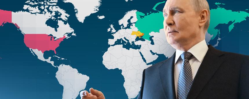 Zu sehen ist Wladimir Putin und im Hintergund eine Weltkarte. Markiert sind Russland (grün), die Ukraine (gelb) und die USA (rot).