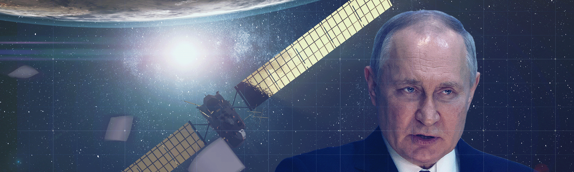 Bildcollage: Wladimir Putin (rechts im Bild), Satellit im Weltall (links im Bild)