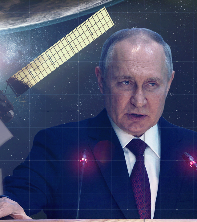 Bildcollage: Wladimir Putin (rechts im Bild), Satellit im Weltall (links im Bild)