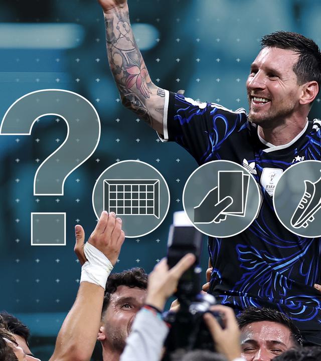 Lionel Messi feiert auf den Schultern eines Mitspielers, darüber folgende Icons: Fragezeichen, Tor, gelbe und rote Karten, Fußballschuh.