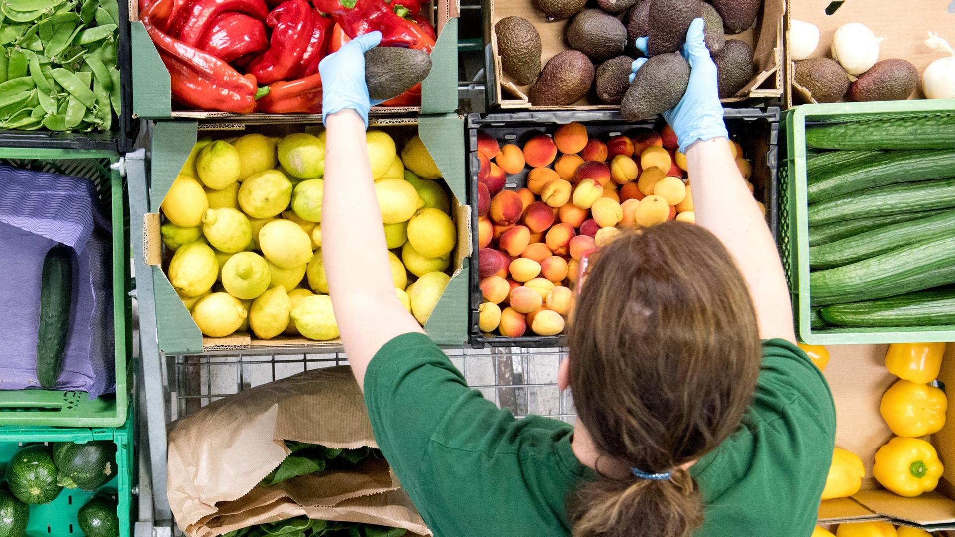 Archiv: Mitarbeiter vom Bio-Lieferanten "Gemüsekiste" packen Obst und Gemüse in grüne Kisten am 03.07.2018 in Hemmingen.