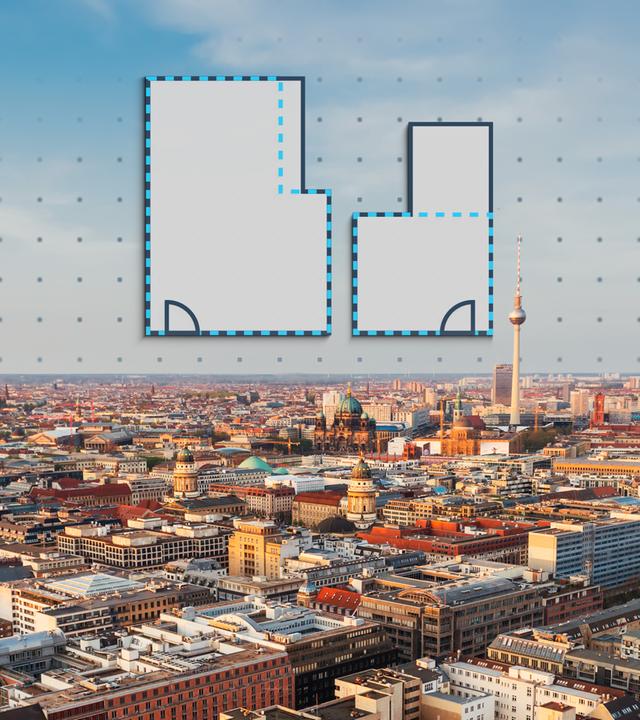Panorama von Berlin, darüber ist eine Grafik zweier Grundrisse gelegt