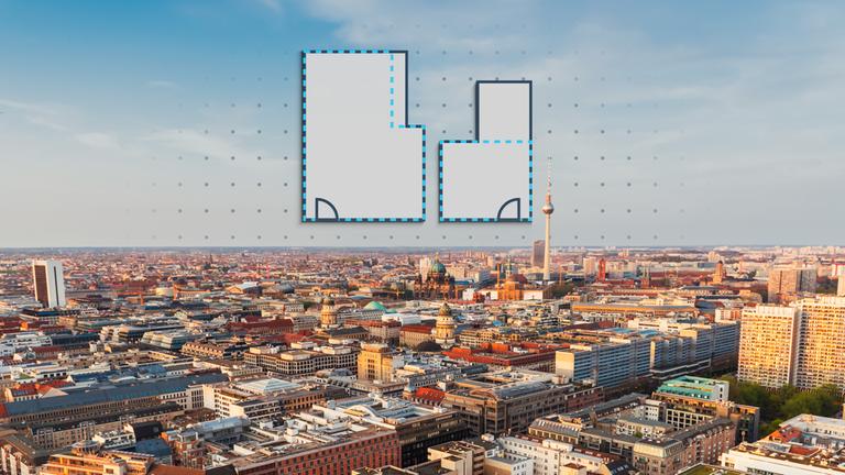Panorama von Berlin, darüber ist eine Grafik zweier Grundrisse gelegt