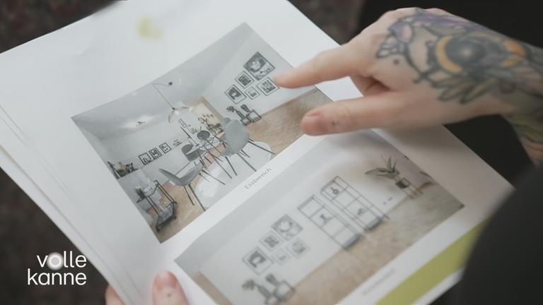 Eine Person zeigt mit dem Finger auf Bilder einer Wohnung.
