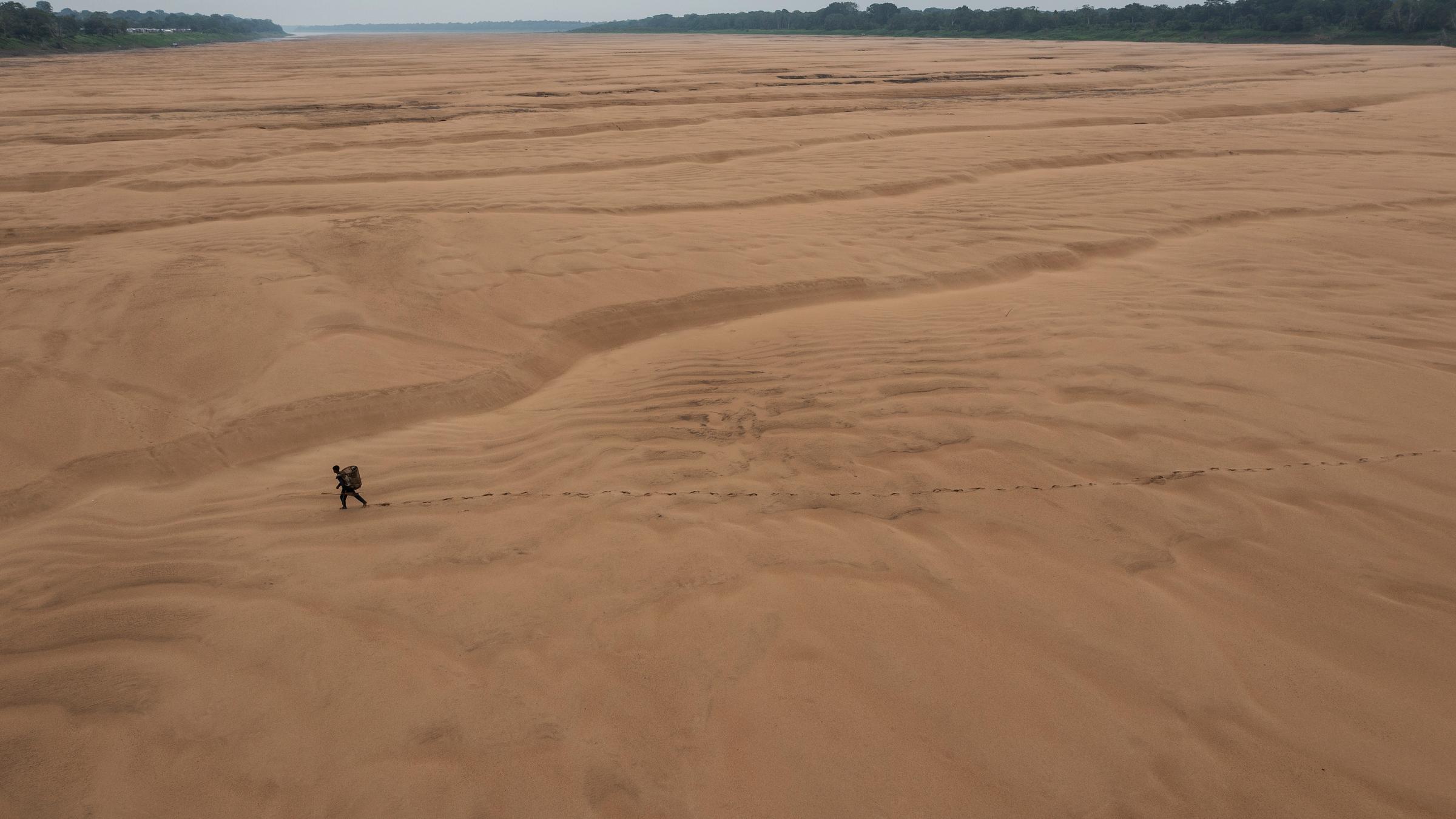 Ein Fischer läuft durch das trockene Flussbett eines Seitenarms des Amazonas-Flusses. (13. Oktober 2023)