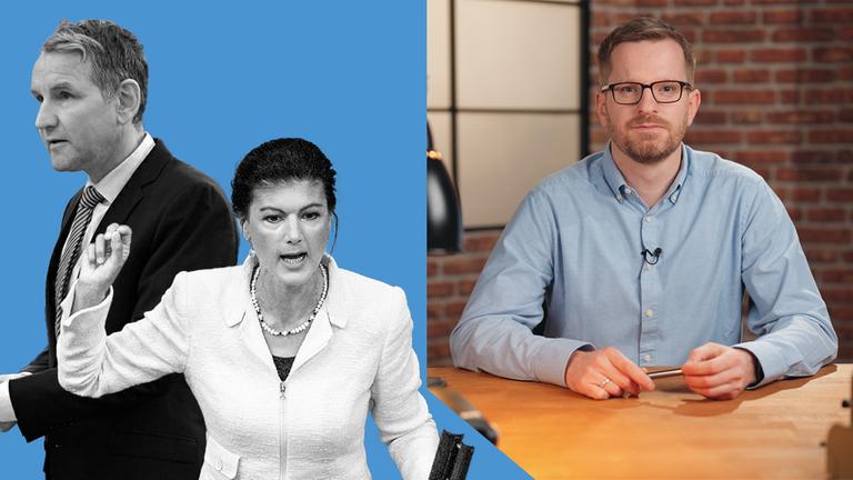 Hoecke und Wagenknecht redend links im Bild und ZDF-Hauptstadtkorrespondent Bernd Benthin rechts im Bild