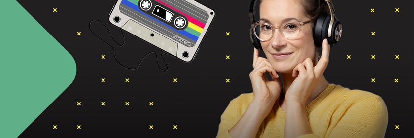 Rechts Lisa Budzinski mit Kopfhörern, links eine stilisierte Musikkassette.