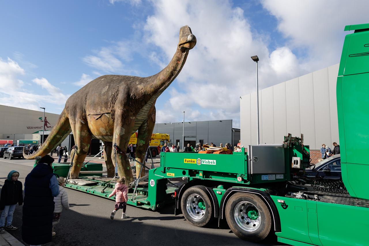 Niedersachsen, Damme: Die Dinosaurier-Dame eLise, ein lebensgroßer Camarasaurus aus Stahl und Beton, wird von ihrem bisherigen Standort bei den Saurierfährten Barkhausen in Bad Essen nach Damme transportiert.