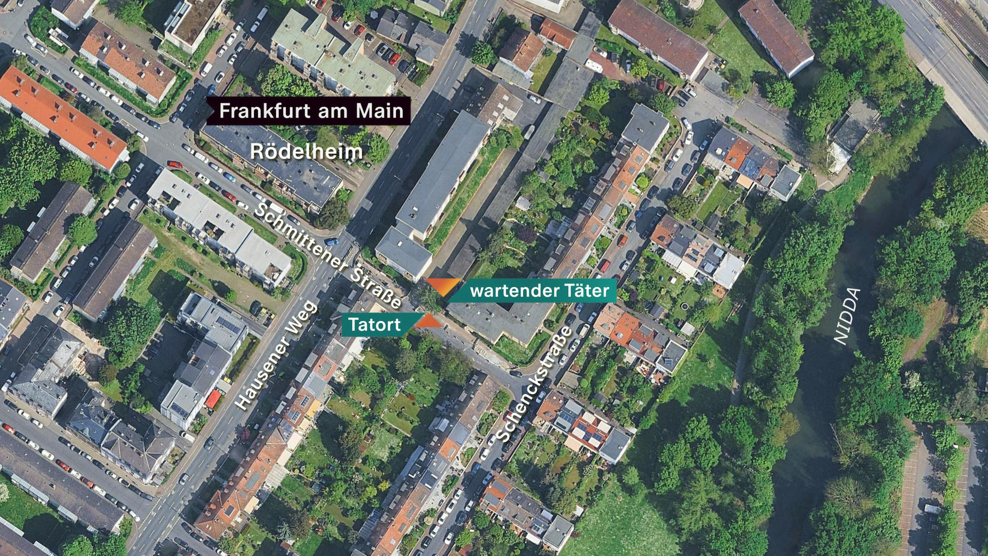 Karte des Tatorts: Der Mord geschah in Frankfurt-Rödelheim, in einer ruhigen Seitenstraße.