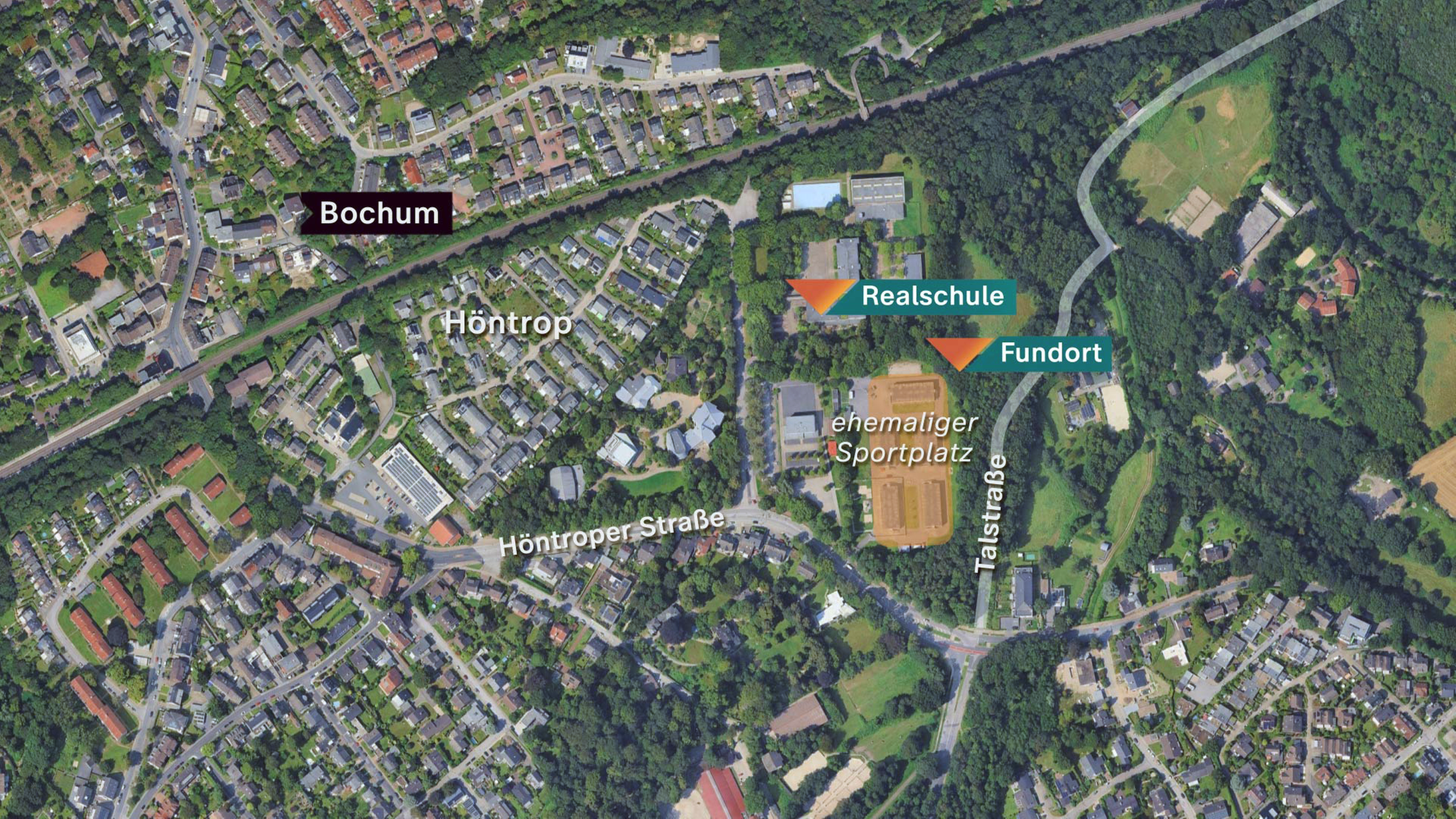Karte vom Tatort: Die Leiche wurde in einem Sickerschacht in der Nähe der Realschule Höntrop in Bochum gefunden. 