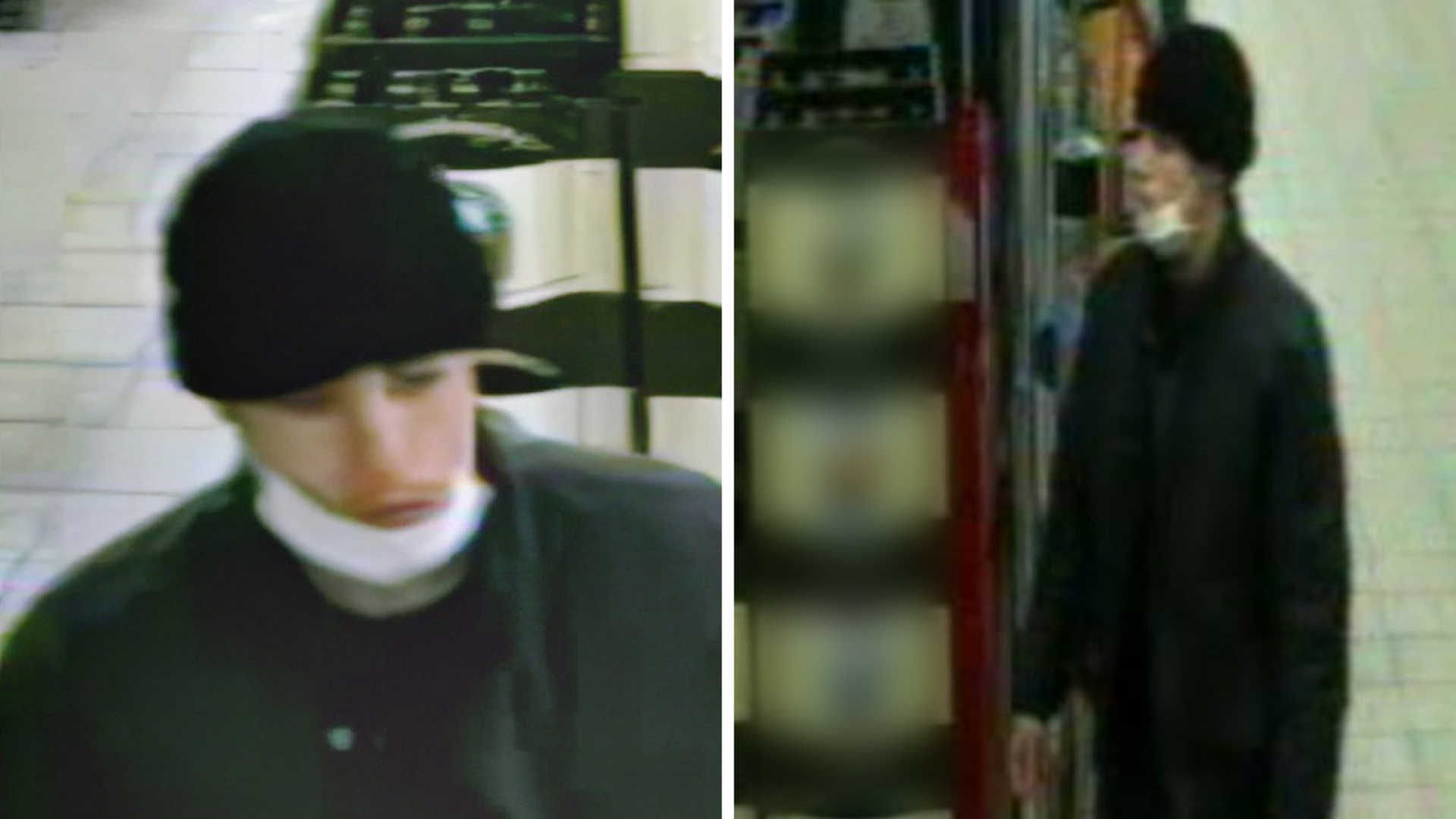 Einer der Täter trug beim Betreten des Supermarkts einen weißen Mund-Nasen-Schutz. 