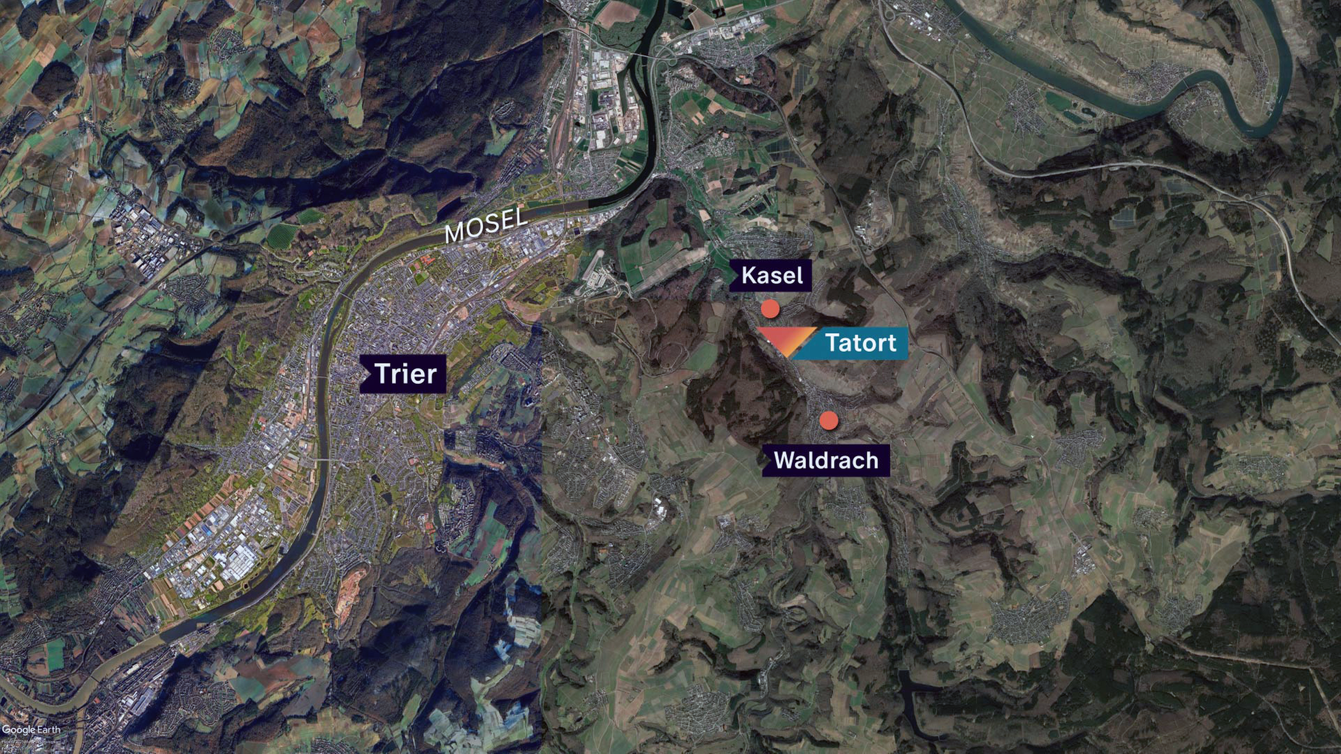 Karte: Der Tatort liegt in Waldrach bei Trier. Wer hat hier am 23. April 2025 auffällige Beobachtungen gemacht?