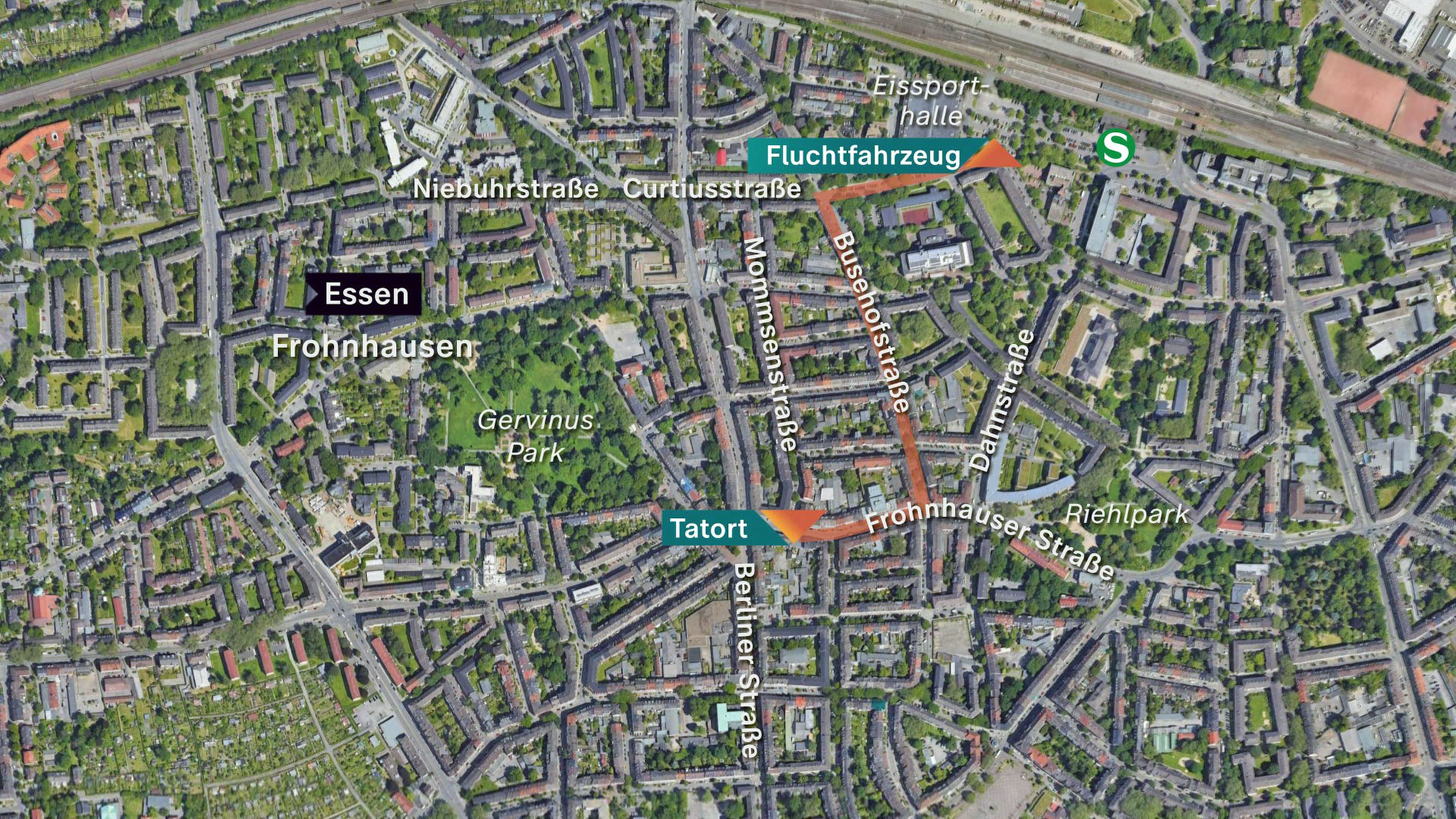 Karte: Mutmaßlicher Weg der Männer vom Juweliergeschäft zu ihrem Fluchtauto in Essen