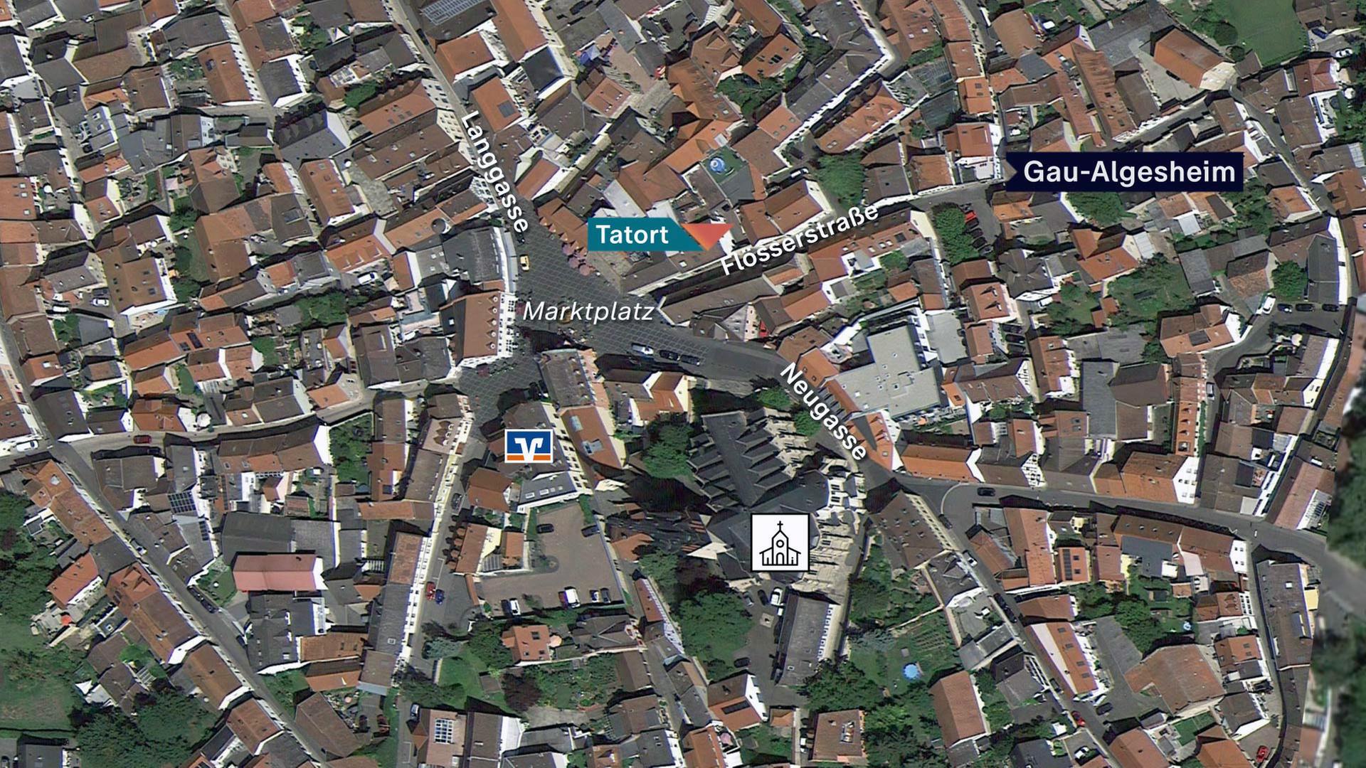 Karte des Tatorts unweit des Marktplatzes in der Flösserstraße in Gau-Algesheim.