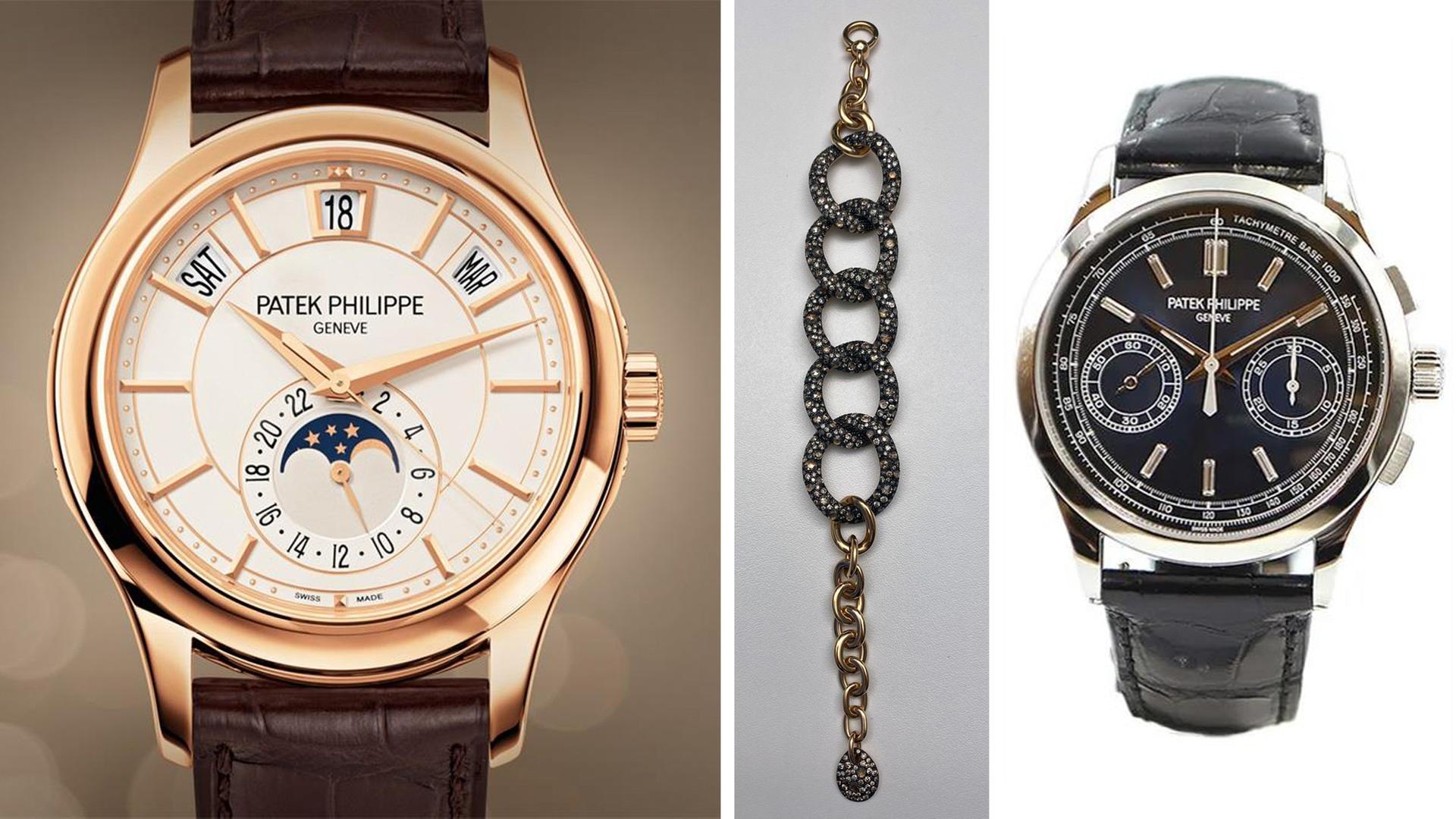 Die geraubten zwei Armbanduhren von Patek Philippe sowie ein Damenarmband von Pomellato.