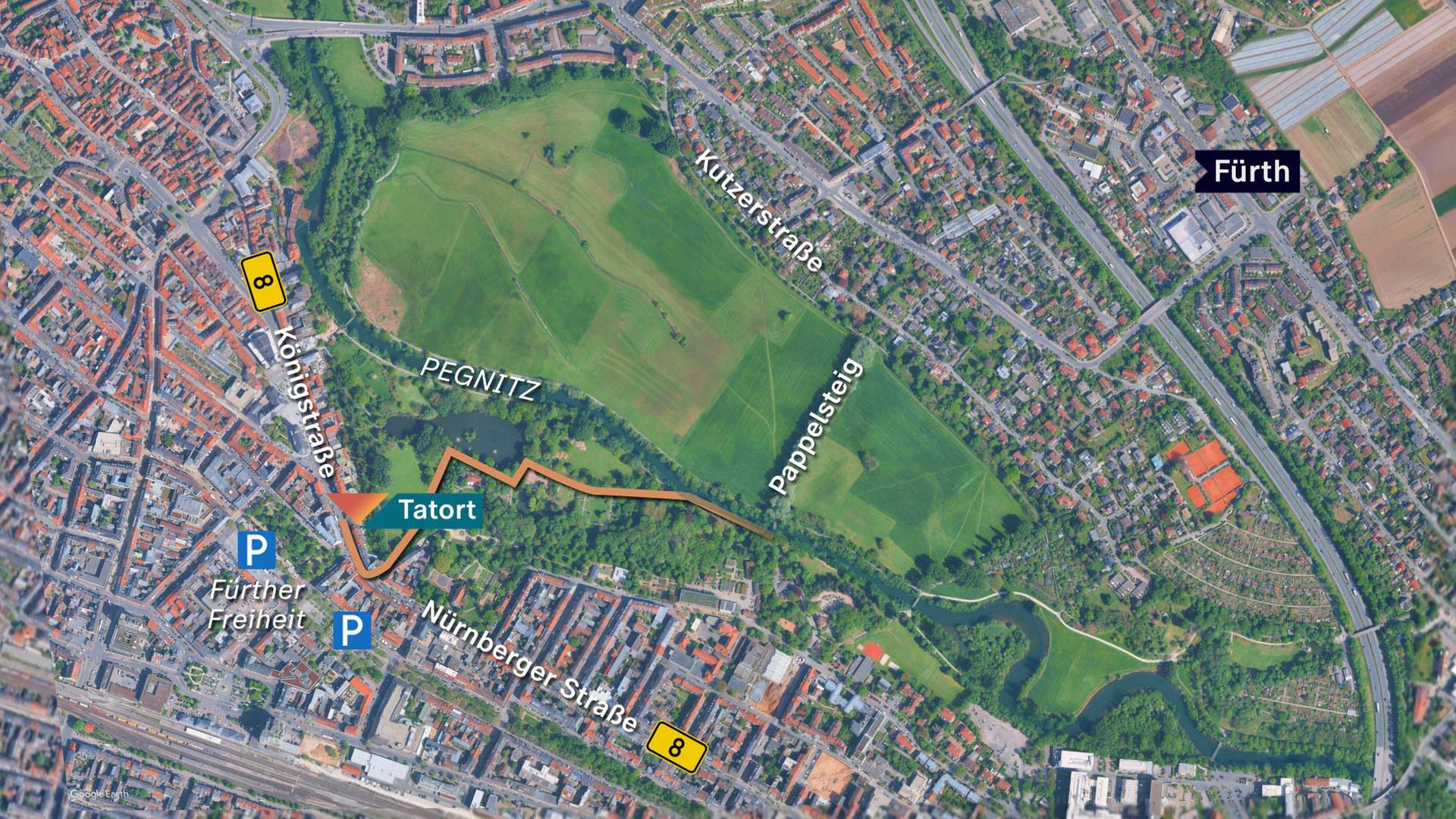 Die Karte zeigt den Tatort in der Innenstadt von Fürth und den Fluchtweg der Täter von der Königstraße über den Stadtpark in den Wiesengrund.