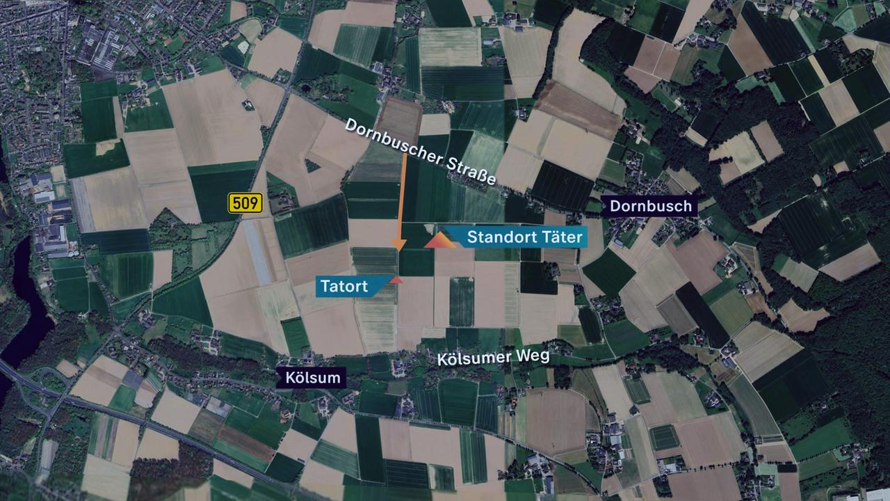 Google Earth Karte: Standort des LKWs des Täters und des Tatorts der versuchten Vergewaltigung in Nettetal.