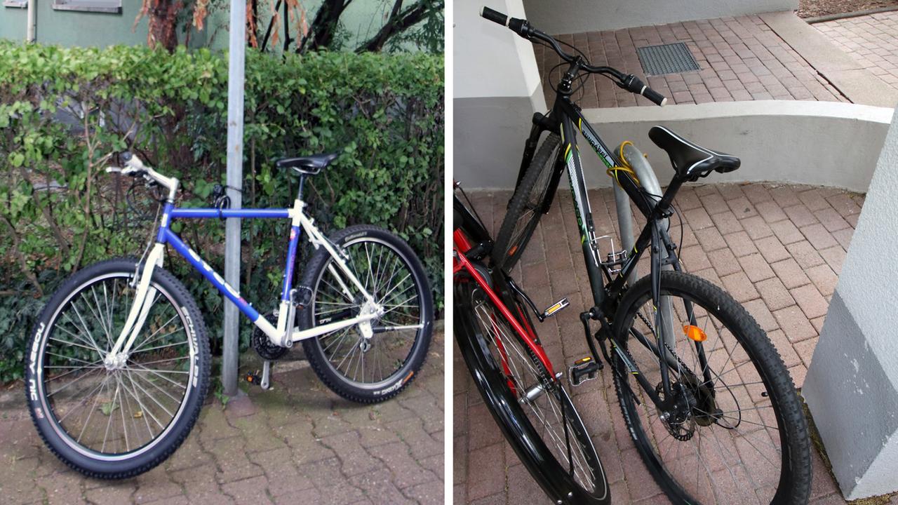 Zwei Fotos der Kripo Frankfurt von den Rädern, auf denen die Täter vermutlich flüchteten: Ein blaues Fahrrad der Marke Cyco Force vor einem Straßenschild (links) und ein schwarzes Mountain-Bike von Zündapp an einem Fahrradständer eines Hauses.