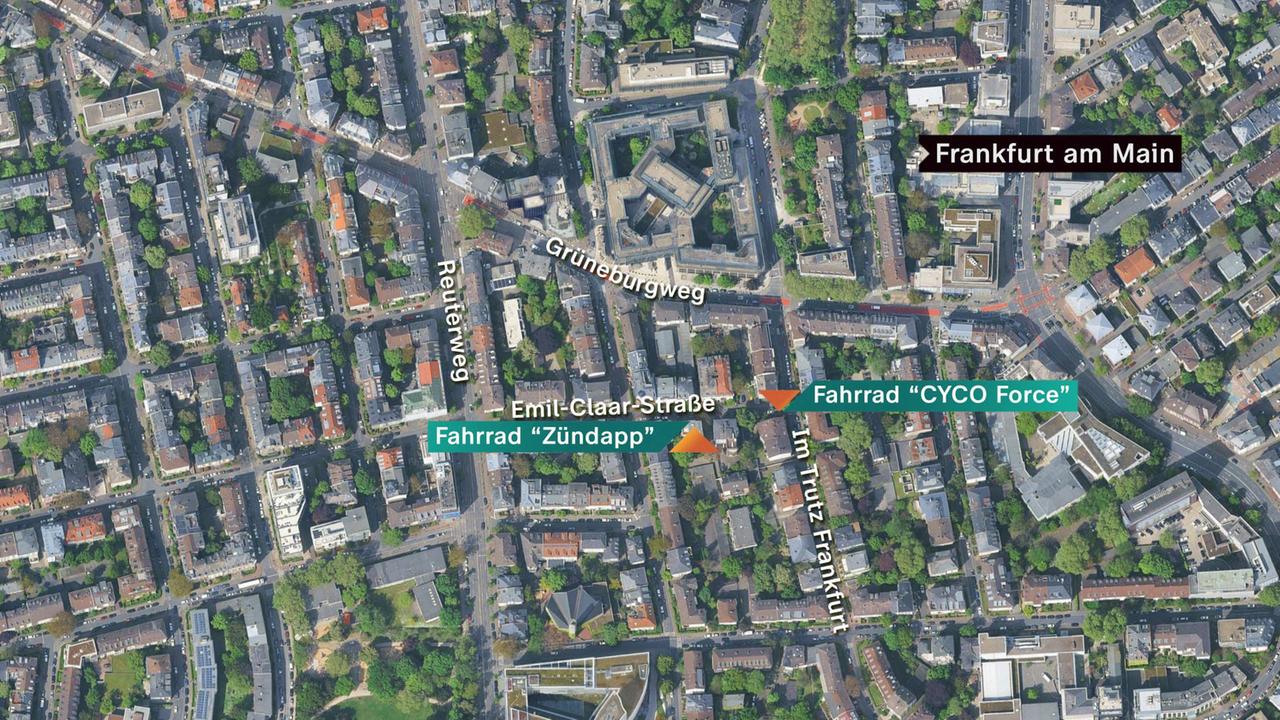 Eine Luftaufnahme von Frankfurt am Main. Darauf markiert: Die Fundorte der Fahrräder in der Emil-Claar-Straße