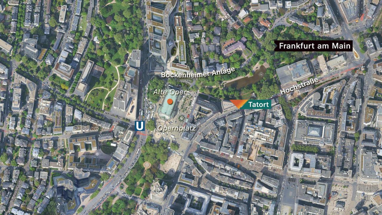 Eine Luftaufnahme von Frankfurt am Main. Darauf markiert: Der Tatort nahe der Oper