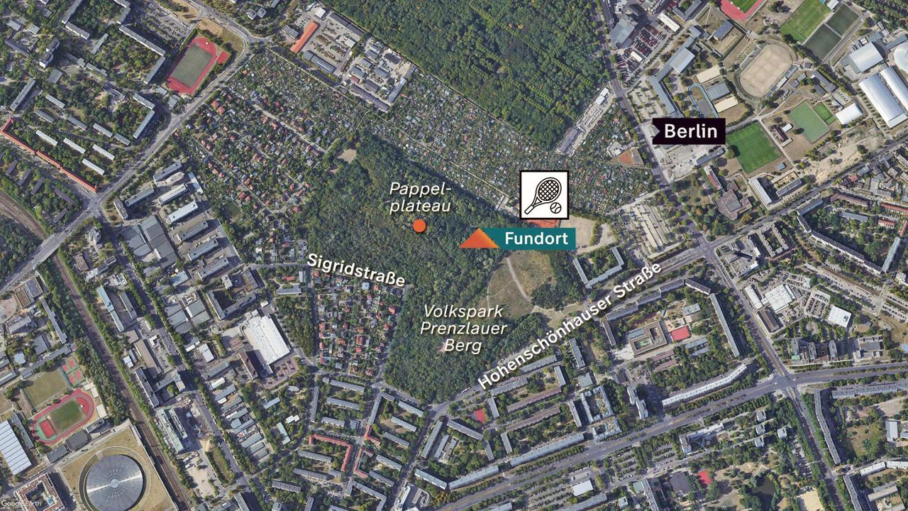 Karte vom Volkspark Prenzlauer Berg in Berlin. Darauf markiert: Fundort des abgetrennten Oberschenkels