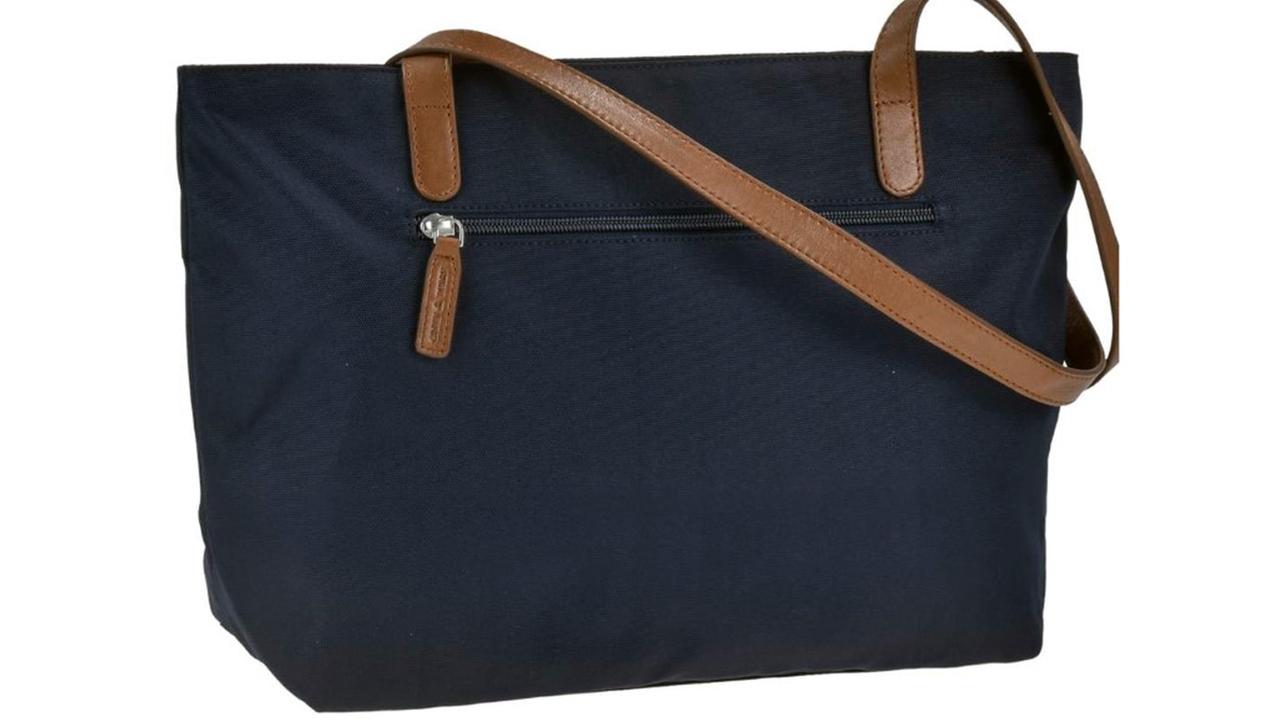 Abbildung einer blauen Handtasche mit braunen Henkeln