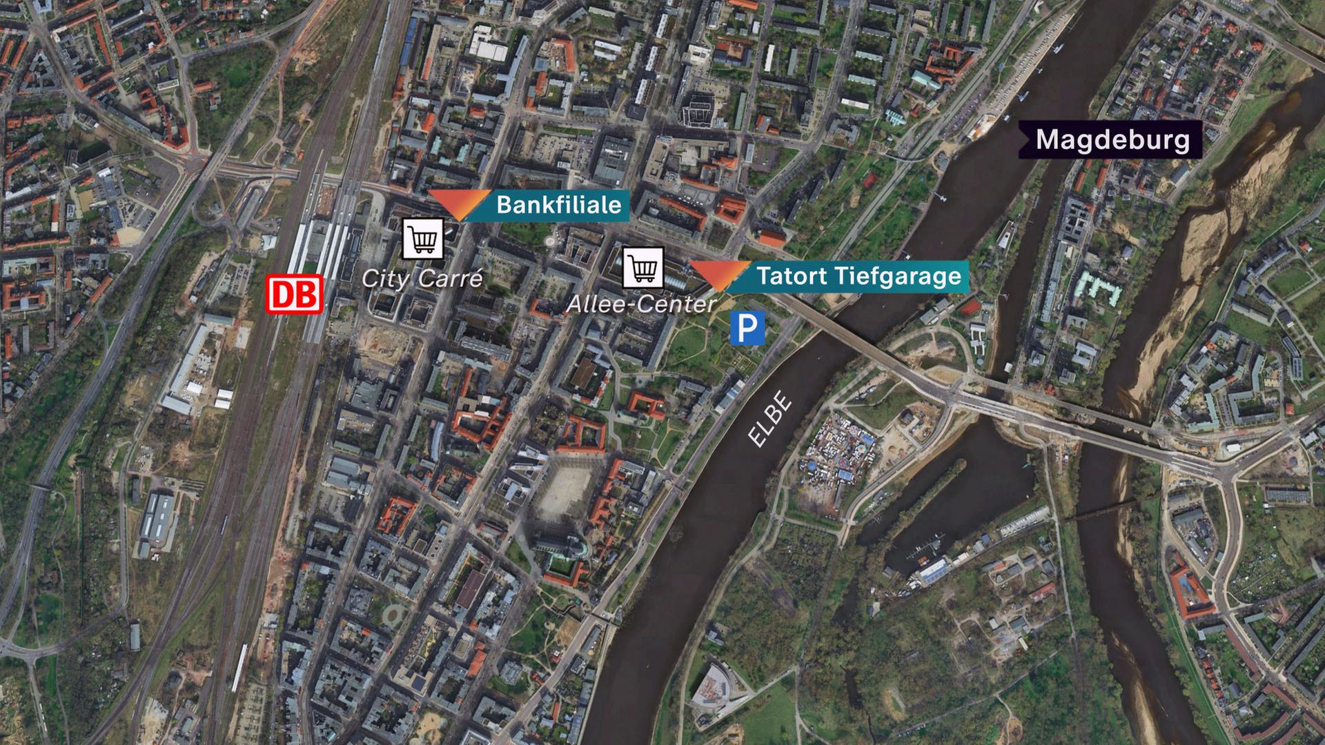 Satellitenbild von Magdeburg. Darauf markiert: der Tatort und die Bankfiliale.
