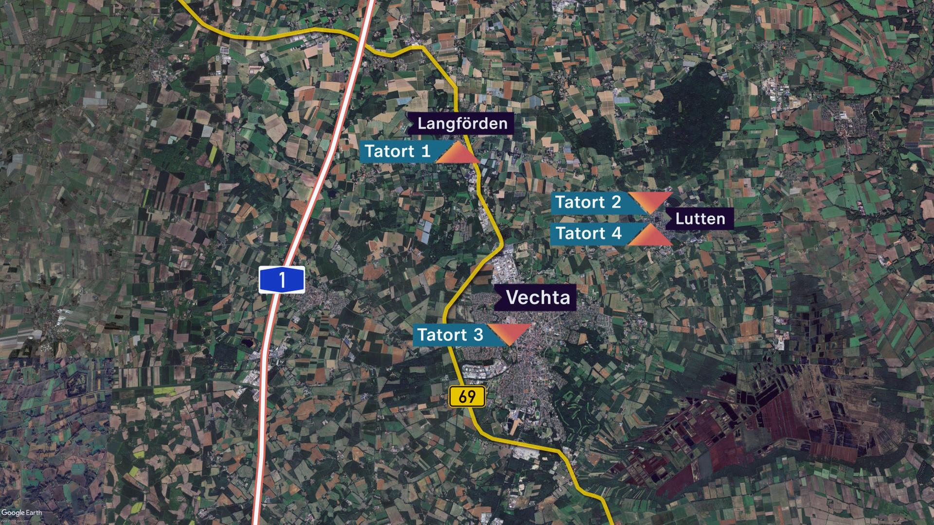Satellitenbild der Region um Vechta. Darauf markiert: die vier Tatorte.