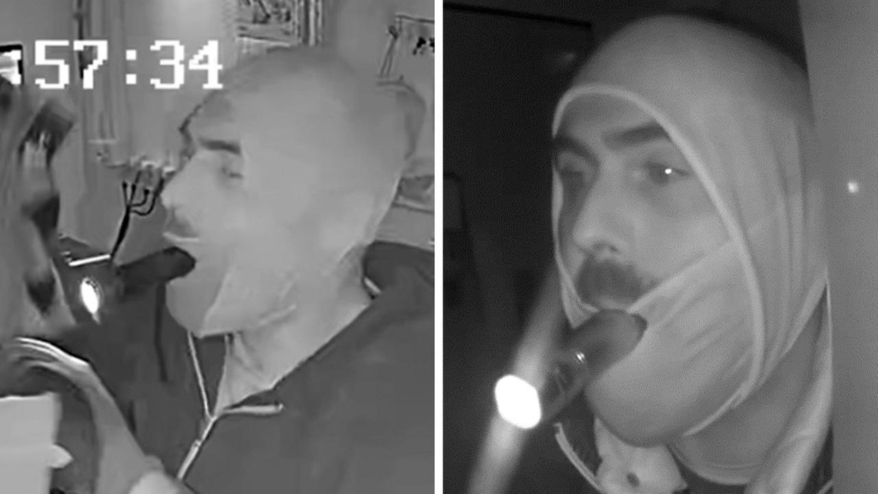 Fahndungsfotos aus Überwachunsgkameras: einer der Täter mit Taschenlampe im Mund