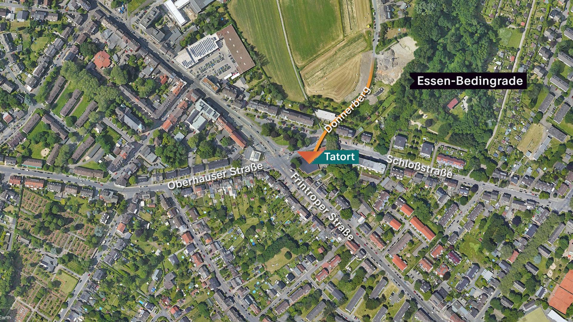 Satellitenbild von Essen-Bedingrade. Darauf markiert: der Tatort und der Fluchtweg des Täters