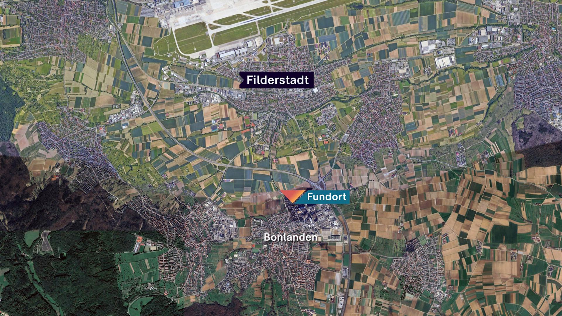 Eine Google-Earth-Karte von Filderstadt. Darauf eingezeichnet der Fundort des Koffers im Ort Bonladen.