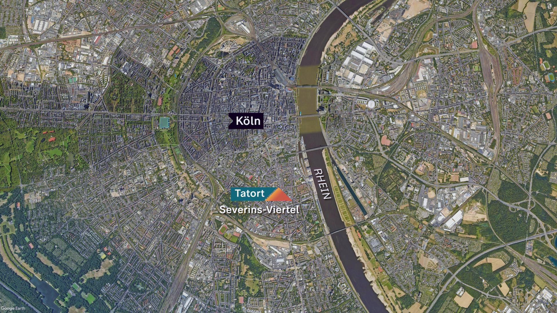 Eine Google Earth-Karte von Köln mit eingezeichnetem Tatort in der Straße "An St. Magdalenen".