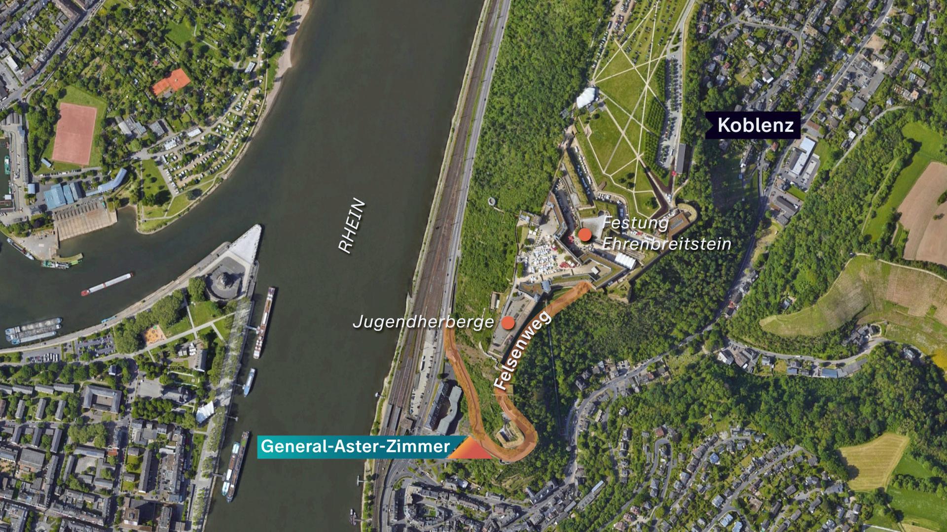 Eine Google-Earth-Karte, die die Festung Ehrenbreitstein bei Koblenz zeigt. Auf der Karte eingezeichnet: das General-Aster-Zimmer, der Tatort.