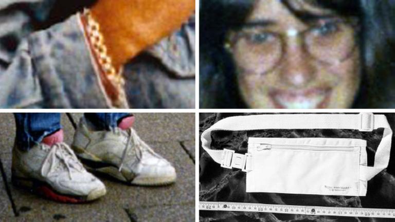Fotos von verschwundenen Schmuck- und Kleidungsstücken von Amy Lopez: Armkettchen, Brille, Nike-Sportschuhe, Bauchtasche