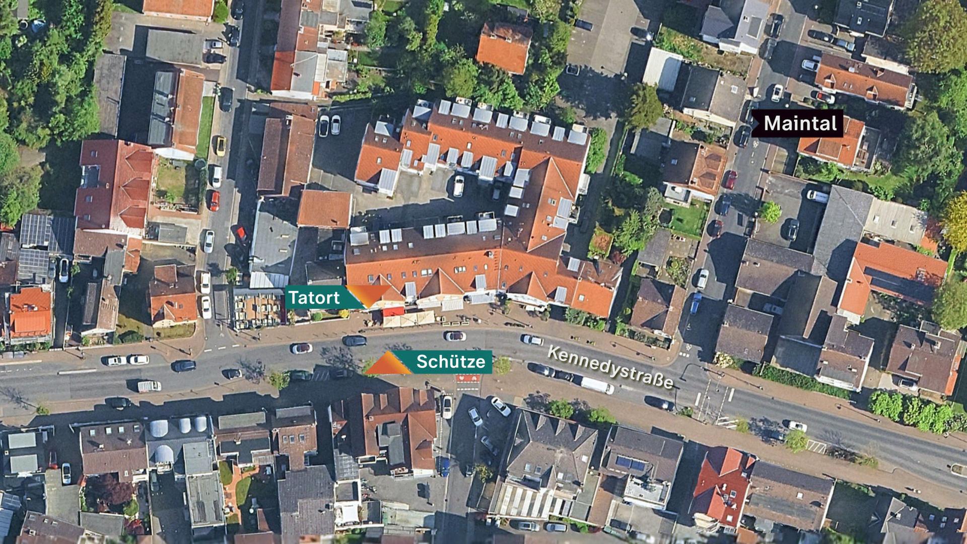 Eine Google-Earth-Karte mit eingezeichnetem Tatort in Maintal-Dörnigheim