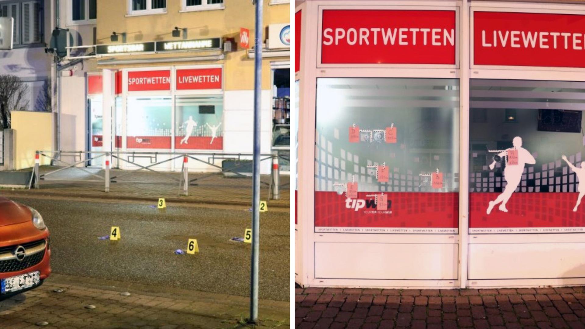 Links: Der Tatort in Maintal-Dörnigheim, direkt an der Kennedystraße. Rechts: Der Täter schoss von der Straße aus in das Wettbüro.