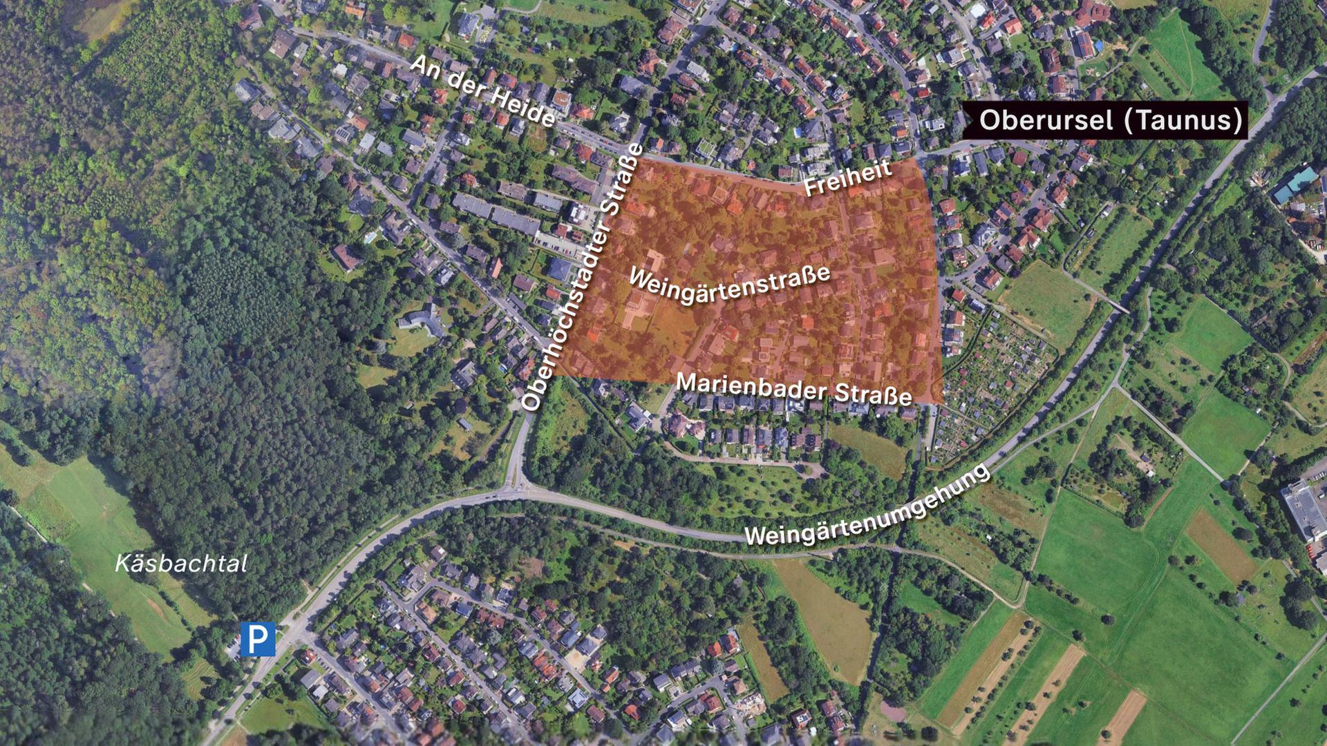 Eine Google-Earth-Karte von Oberursel und den markierten Straßen Oberhochstädter Straße und Weingärtenstraße.