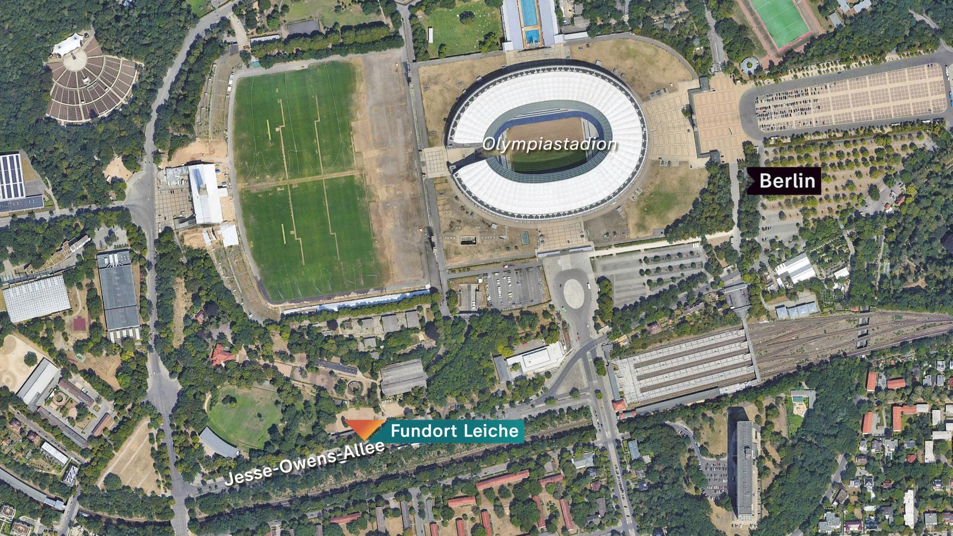 Google-Earth-Karte der Umgebung des Berliner Olympiastadions. Darauf markiert: der Fundort von Reiner Kochs Leiche.