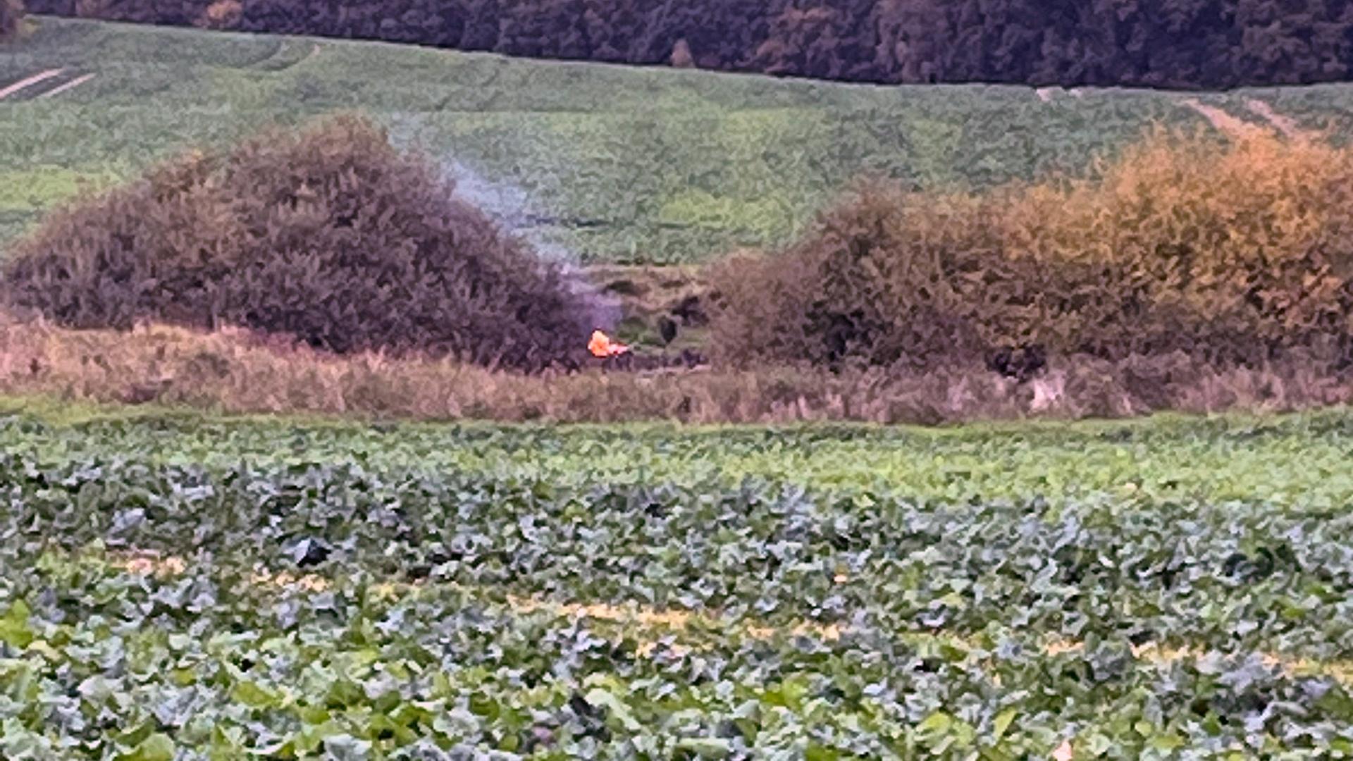 Handyaufnahme eines Tümpels: In einiger Entfernung erkennt man am Ufer des Gewässers die lodernden Flammen eines Feuers.