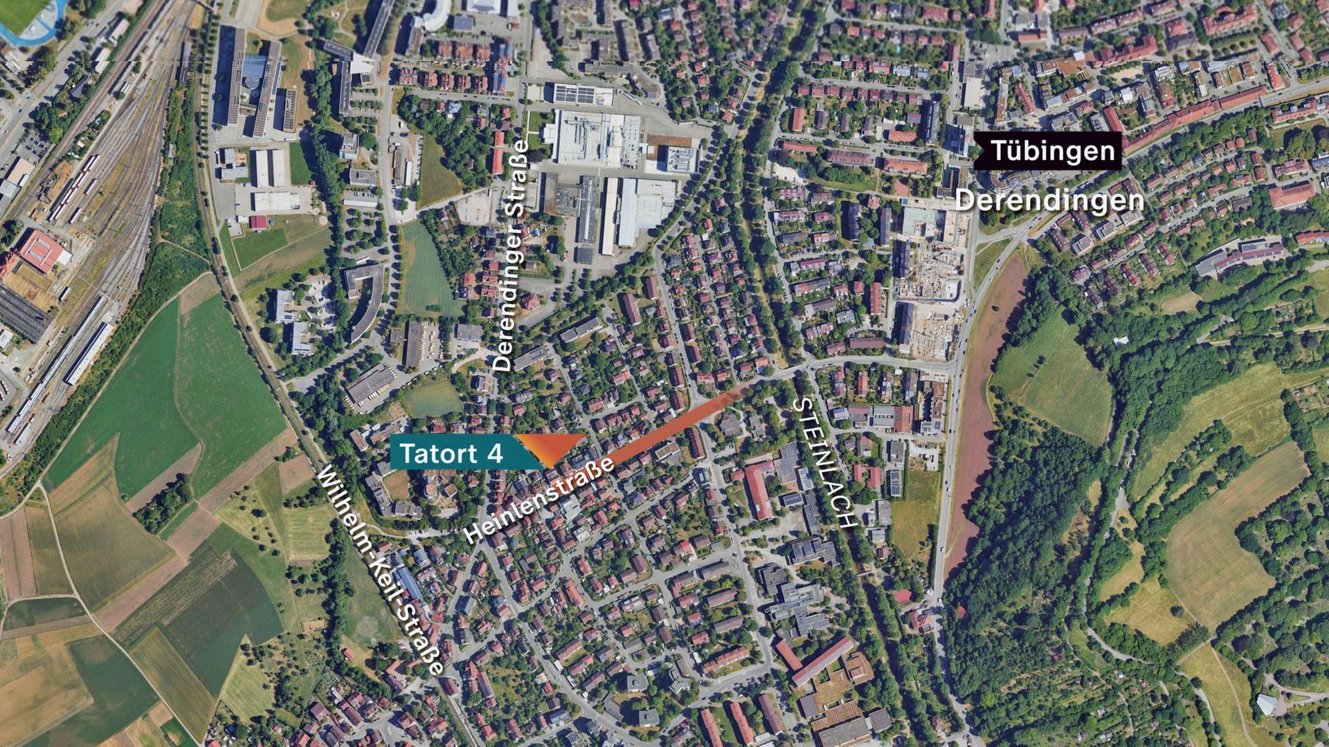 Karte von Tübingen:  Darauf eingezeichnet der Ort, an dem sich die Entführte befreien konnte.