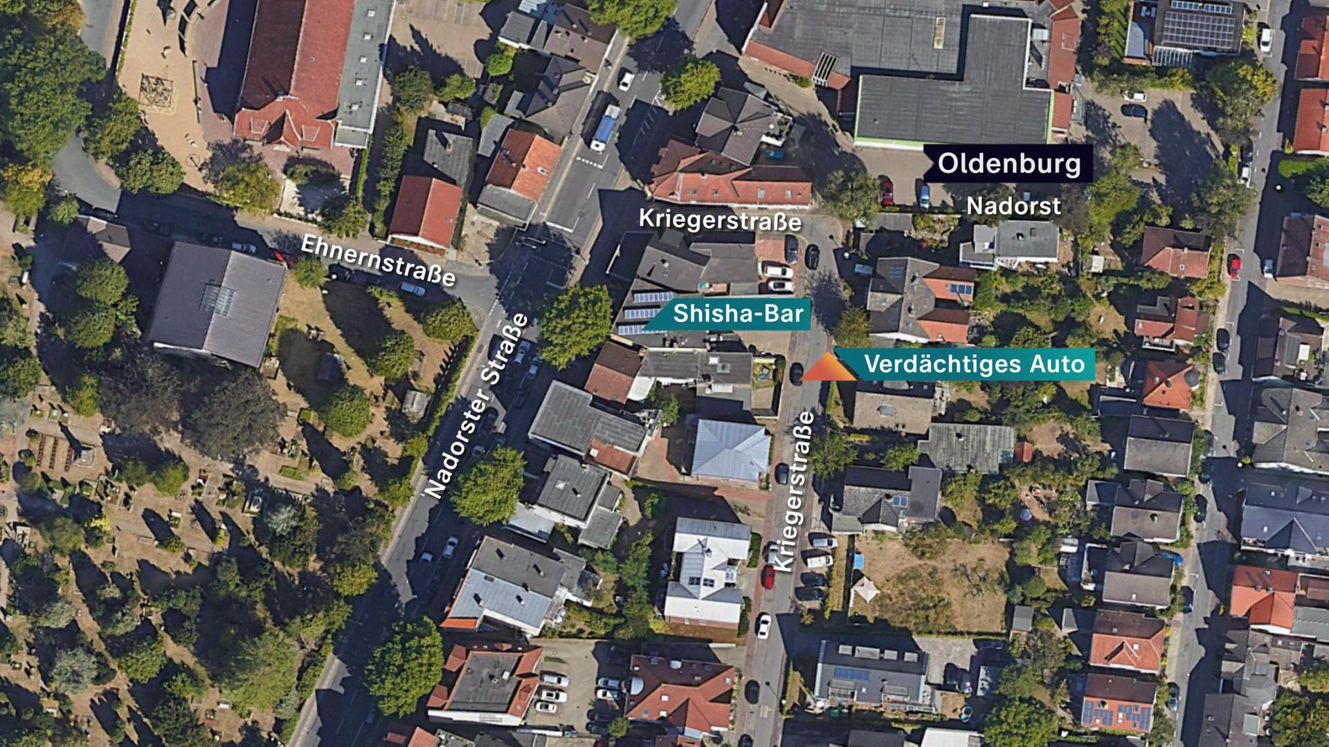 Karte von Oldenburg mit der Nadorster Straße, in der sich Shisha-Bar von Rezan Cakici befand. Der Hinterausgang der Bar befand sich in der Kriegerstraße, in der auch ein verdächtiges Auto am Tag des Verschwindens wahrgenommen wurde.